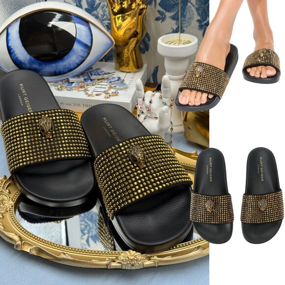🆕 KURT GEIGER LONDON 🧿 NWOB Meena Eagle Black & Gold Studded Slide, Sz 7.5 - Picture 1 of 11